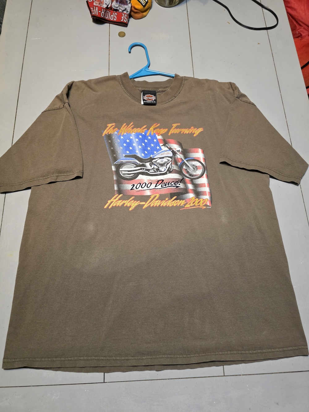 Harley-Davidson Brown Tee with American Flag Motorcycle Graphic